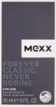 Front opakowania wody toaletowej Mexx Forever Classic Never Boring 30ml dla mężczyzn, ciemnoszare z białym logo i tekstem.
