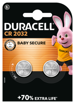 Dwie baterie Duracell CR 2032 litowe w blistrze. Opakowanie Baby Secure z królikiem, czarno-pomarańczowe.