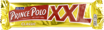 Złoty baton Prince Polo Classic XXL w opakowaniu foliowym, widok z przodu, z czerwonym napisem.