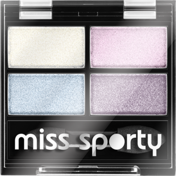 Zamykana, czarna paleta Miss Sporty Quattro 415 Cool Unicorn. Cztery metaliczne cienie: kremowy, różowy, niebieski, fioletowy.