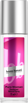 Dezodorant w sprayu Bruno Banani Pure Woman, 75 ml, przezroczysta butelka z różową etykietą, srebrna nakrętka.