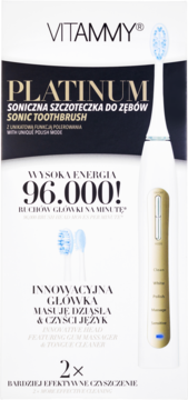 Biała soniczna szczoteczka VITAMMY Platinum na tle pudełka, 96000 ruchów i innowacyjna główka.