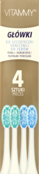 Vitammy: 4 końcówki do szczoteczki sonicznej, zielono-niebieskie, widoczne w złoto-brązowym opakowaniu.