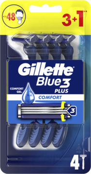 Gillette Blue3 Plus Comfort, zestaw 4 męskich maszynek z 3 ostrzami i paskiem żelu, widok przodem opakowania.