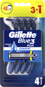 Gillette Blue3 Plus Comfort, zestaw 4 męskich maszynek z 3 ostrzami i paskiem żelu, widok przodem opakowania.