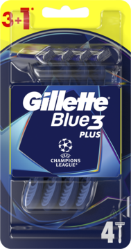 Gillette Blue 3 Plus, 4 maszynki jednorazowe 3-ostrzowe, opakowanie blister z napisem 3+1. Widok z przodu.