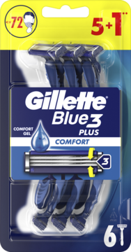Opakowanie 6 jednorazowych maszynek Gillette Blue3 Plus z paskiem Comfort Gel, niebieskie, widok z przodu.