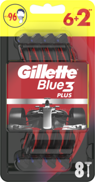 Opakowanie Gillette Blue3 Plus z 8 jednorazowymi maszynkami do golenia, czerwono-czarne, z grafiką samochodu F1, widok z przodu.