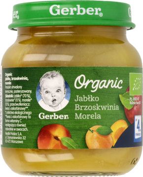 Szklany słoik Gerber Organic z musem jabłkowo-brzoskwiniowo-morelowym, widok z przodu, zielona etykieta.