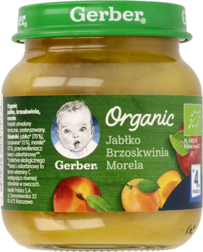 Szklany słoik Gerber Organic z musem jabłkowo-brzoskwiniowo-morelowym, widok z przodu, zielona etykieta.