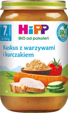 Słoiczek HiPP BIO Kuskus z warzywami i kurczakiem, 7m+, z etykietą pokazującą składniki, widok z przodu.