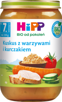 Słoiczek HiPP BIO Kuskus z warzywami i kurczakiem, 7m+, z etykietą pokazującą składniki, widok z przodu.