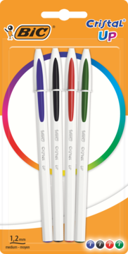 Zestaw 4 długopisów BIC Cristal Up 1.2mm w blistrze, kolory: niebieski, czarny, czerwony, zielony.
