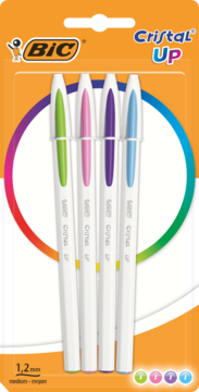 Opakowanie 4 długopisów Bic Cristal Up 1.2mm, białe korpusy, kolorowe skuwki (zielona, różowa, fioletowa, niebieska).
