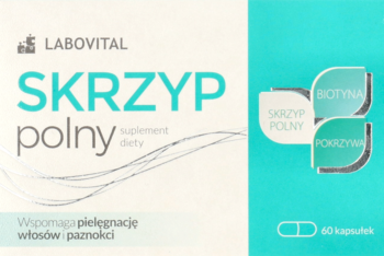 Biało-turkusowe opakowanie suplementu Labovital Skrzyp polny na włosy i paznokcie, z napisem "60 kapsułek".