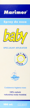 Marimer baby Spray do nosa 100 ml, białe opakowanie z żółtym napisem i niebieskim wielorybem, widok z przodu.
