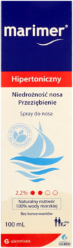 Marimer Hipertoniczny spray do nosa, biało-niebieskie pudełko z żaglówką i napisem, widok z przodu.