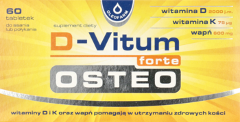 Pudełko D-Vitum forte Osteo, żółto-pomarańczowe, widok z przodu, suplement z wit. D, K, wapniem na kości.
