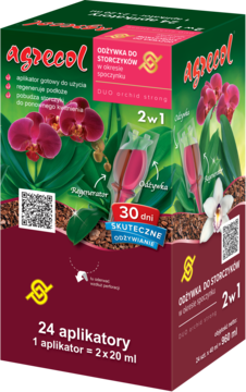 Pudełko Agrecol Duo Orchid Strong 2w1 odżywka do storczyków, 24 aplikatory, czerwono-zielone z orchidami, widok z przodu i boku.