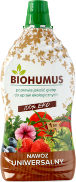 Nawóz uniwersalny BIOHUMUS w białej butelce z zieloną zakrętką. Etykieta z owocami, warzywami, 100% EKO, 1 litr.
