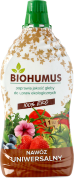 Nawóz uniwersalny BIOHUMUS w białej butelce z zieloną zakrętką. Etykieta z owocami, warzywami, 100% EKO, 1 litr.