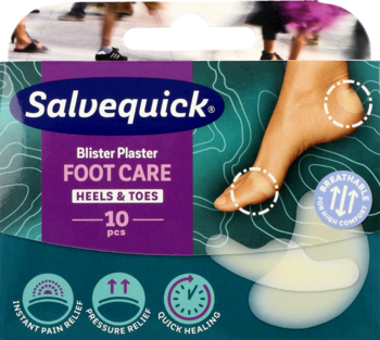Salvequick Blister Plaster Foot Care Heels & Toes, zielono-fioletowe pudełko z grafiką stopy i 10 plastrami.