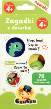 Zielono-białe opakowanie Zagadki z dziurką, dla dzieci 4+, z dinozaurem, kiwi i napisem "76 zagadek".