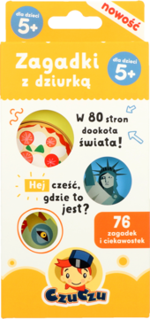 Czuczu Zagadki z dziurką 5+, żółto-białe pudełko z grafikami pizzy, Statuy Wolności i postaci Czuczu.