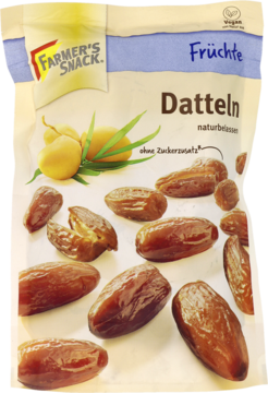 Farmer's Snack: torebka naturalnych, suszonych daktyli. Z przodu rozłożone brązowe, miękkie owoce bez pestek.