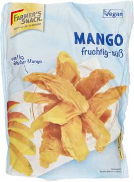 Białe opakowanie suszonego mango Farmer's Snack. Żółte, owocowo-słodkie plastry mango widoczne z przodu.