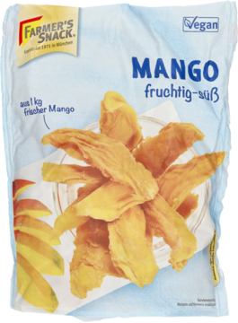 Białe opakowanie suszonego mango Farmer's Snack. Żółte, owocowo-słodkie plastry mango widoczne z przodu.