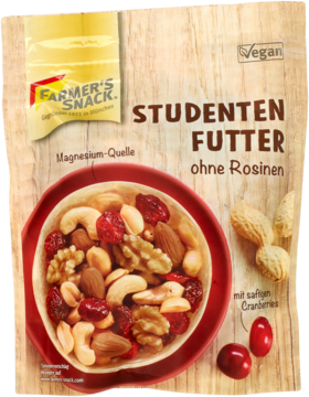 Farmer's Snack mieszanka studencka bez rodzynek, 125g, orzechy, żurawina, widok z przodu na tle drewna.