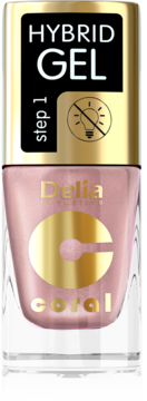 Delia Cosmetics lakier hybrydowy Coral, bez lampy UV, w przezroczystej butelce z złotą zakrętką, widok z przodu.