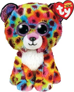 Beanie Boo, kolorowa pluszowa zabawka lampart 14 cm, z dużymi brokatowymi oczami i różowym nosem, widok z przodu.