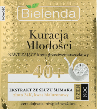 Złoty krem Bielenda Kuracja Młodości 40+ dzień/noc, opakowanie z ikoną ślimaka i napisem NOWOŚĆ.