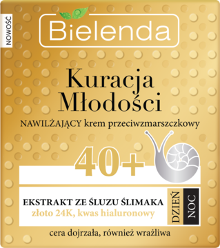 Złoty krem Bielenda Kuracja Młodości 40+ nawilżający krem przeciwzmarszczkowy z śluzem ślimaka i 24K złotem, front opakowania.