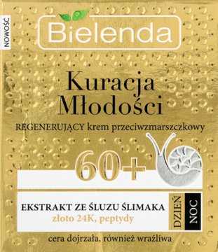 Złote pudełko kremu Bielenda Kuracja Młodości 60+ z śluzem ślimaka i 24K złotem, widok z przodu.