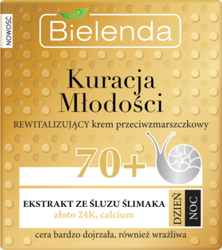 Złote opakowanie kremu Bielenda Kuracja Młodości 70+ ze śluzem ślimaka i złotem 24K, widok z przodu.