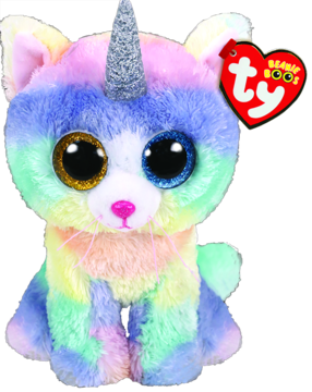 Pluszowy kot jednorożec TY Beanie Boo, tęczowy, z brokatowymi oczami i rogiem, widok z przodu. 15 cm.