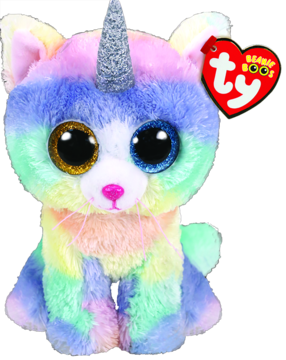 Pluszowy kot jednorożec TY Beanie Boo, tęczowy, z brokatowymi oczami i rogiem, widok z przodu. 15 cm.