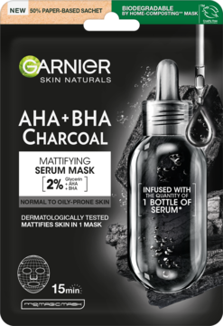 Garnier AHA+BHA Charcoal Mattifying Serum Mask, czarna saszetka, widok z przodu, dla cery tłustej i normalnej.