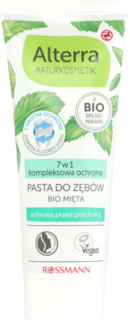 Alterra Naturkosmetik pasta do zębów bio mięta, 7w1 kompleksowa ochrona, biała tuba z zielonymi detalami, widok z przodu.