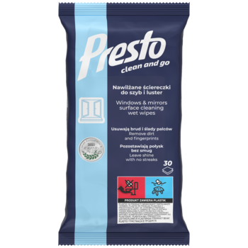 Granatowe opakowanie Presto ściereczek do szyb i luster, widok z przodu, z błękitnym paskiem po lewej stronie.