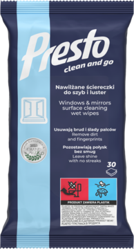 Presto clean and go ściereczki do szyb i luster, 30 szt., granatowo-niebieskie opakowanie, widok z przodu, bez smug.