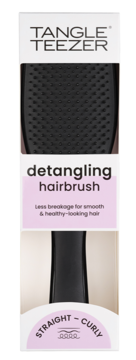 Tangle Teezer detangling hairbrush in white & pink box, front view. For straight to curly hair, less breakage.