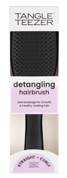 Tangle Teezer detangling hairbrush in white & pink box, front view. For straight to curly hair, less breakage.