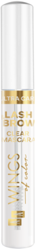 Biała butelka transparentnej maskary Lash Brow Clear Mascara Ultra Care, widok z przodu, złote napisy.