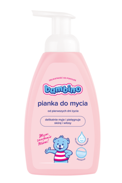 Różowa butelka Bambino pianka do mycia od pierwszych dni życia, z białą pompką, widok z przodu.