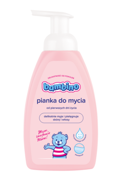 Różowa butelka Bambino pianka do mycia od pierwszych dni życia, z białą pompką, widok z przodu.