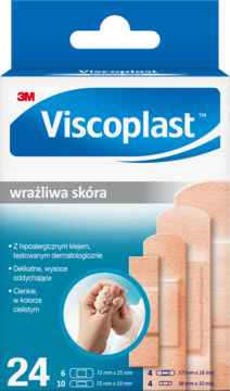 Biało-pomarańczowe opakowanie 3M Viscoplast Wrażliwa Skóra, 24 hipoalergiczne plastry do skóry wrażliwej.